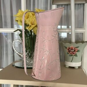 NWT Pink Metal Watering Can/Vase with Raised Decorative Swirls
